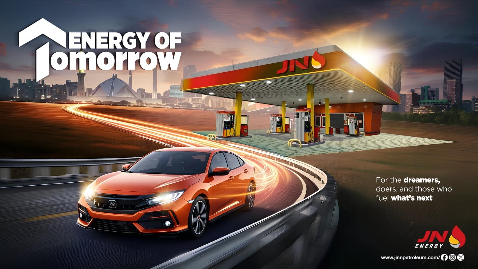 Energy of Tomorrow — JN Energy station with car light trails at sunset