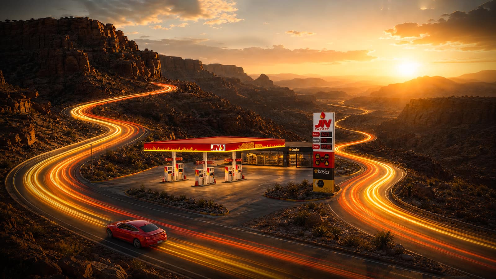 Aerial night view of a mountain road leading to a JN Energy station