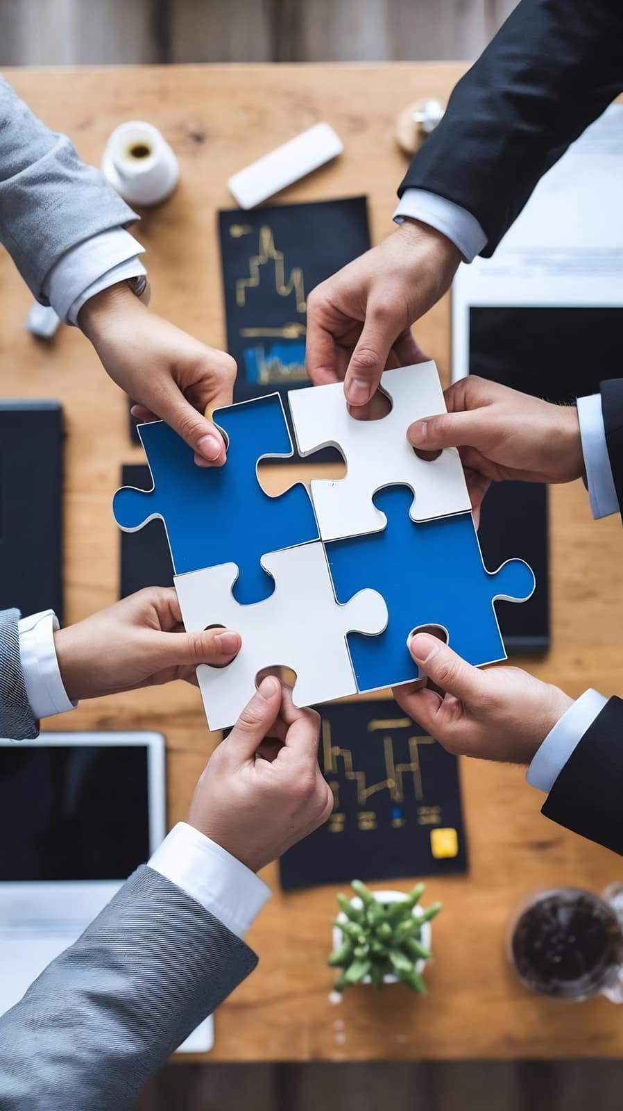 Hands assembling puzzle pieces representing collaboration