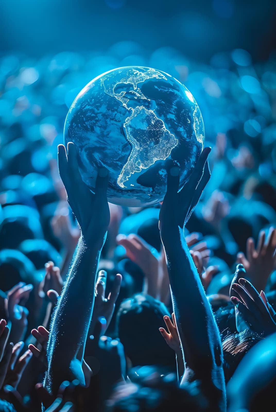 Hands supporting a digital globe representing social responsibility