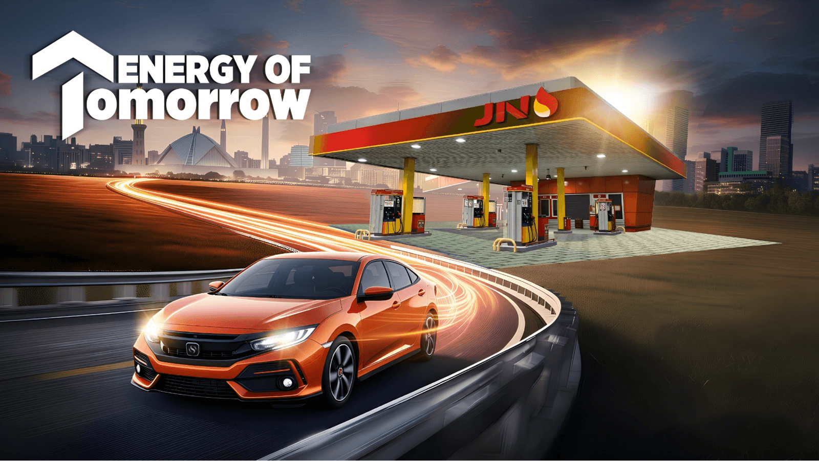 Orange car with light trails approaching JN station — ENERGY OF Tomorrow