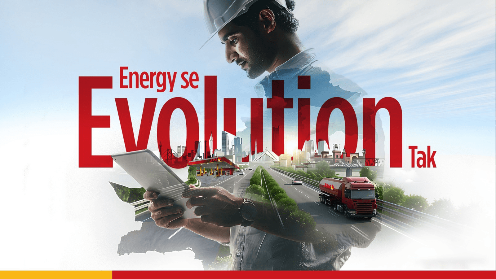 Engineer with map, skyline, tanker and JN station — Energy se Evolution Tak
