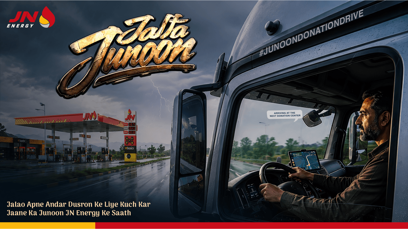 Truck driver in rain near JN station — Jalta Junoon donation drive
