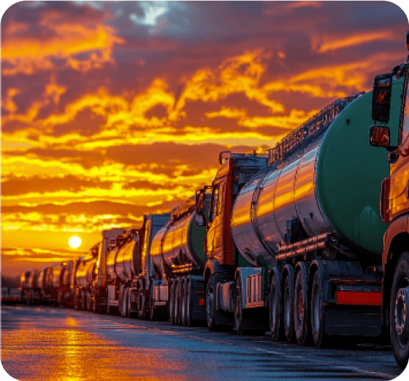 Fuel tankers lined up at sunset