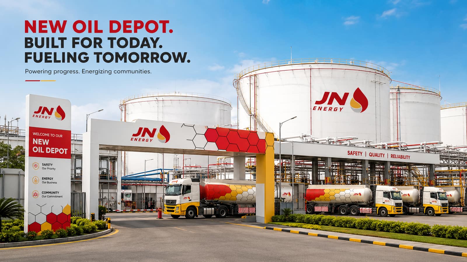 New JN Energy oil depot entrance with tanker truck